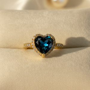 Bague Ajustable Cœur Bleu Nuit et Métal Doré