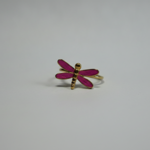 Bague ajustable dorée motif Libellule rose
