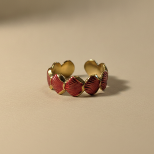 Bague ajustable coquillages dorée et émaillée rose