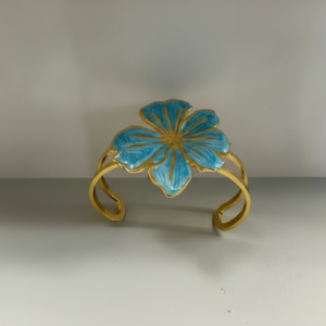 Bracelet Ouvert Motif Floral Bleu Émaillé