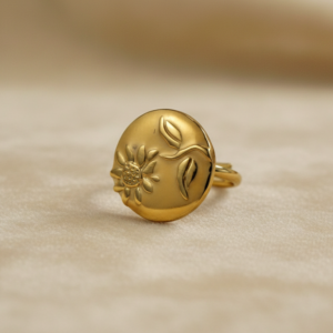 Bague Ajustable Dorée — Visage Stylisé et Tournesol